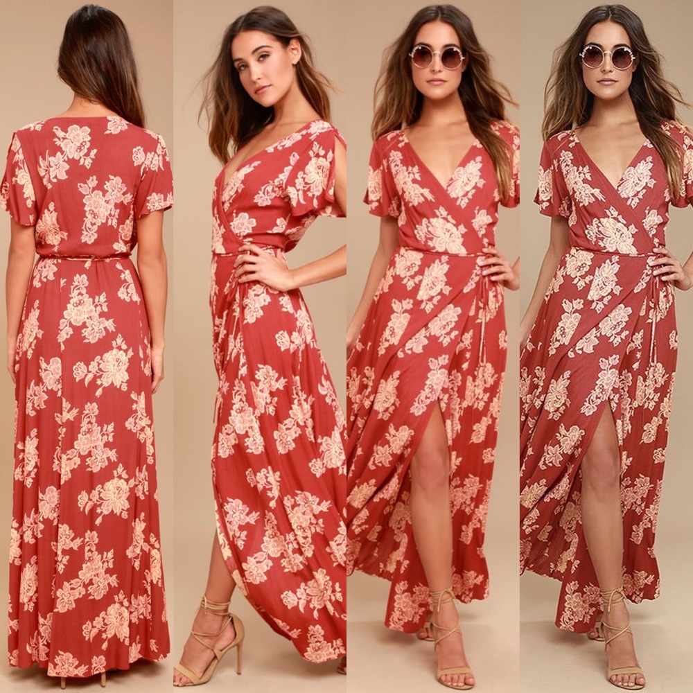 HEART OF MARIGOLD RUST RED FLORAL WRAP MAXI DRESS